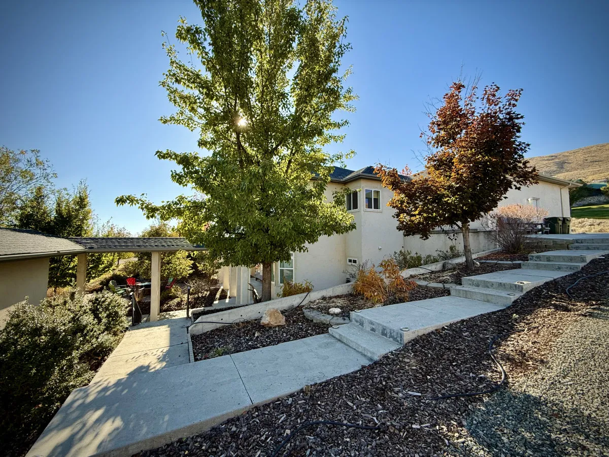 A landscaped garden scene with tall trees, steps leading up to the house, and well-manicured greenery. The area is ideal for outdoor events, morning coffee, or evening strolls, providing an idyllic natural backdrop for celebrations.